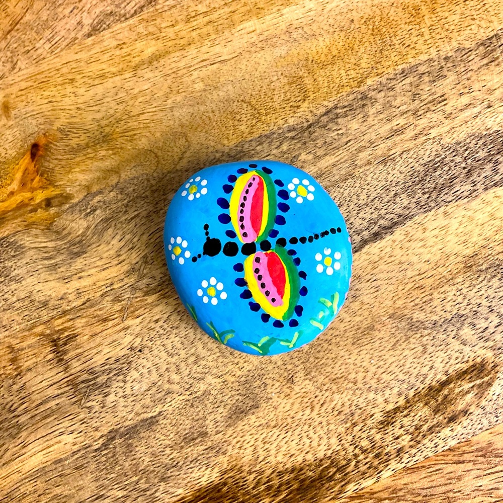 Vibrant hand painted blue dragonfly dot stone painting